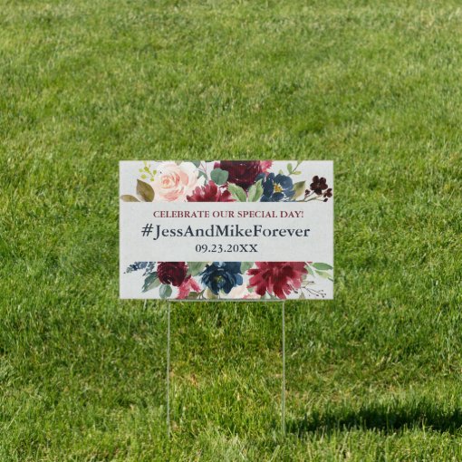Marsala &amp; Navy Floral Shabby Chic Wedding Hashtag Sign | Zazzle