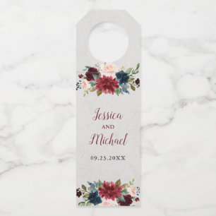 Marsala Navy Floral Shabby Chic Wedding Wine Bottle Hanger Tag