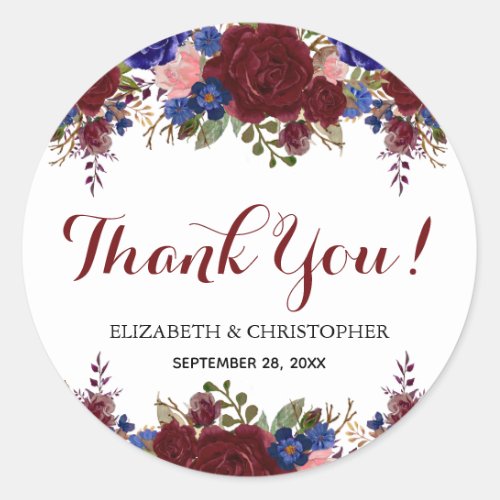 Marsala Navy Floral Wedding Thank You Classic Round Sticker