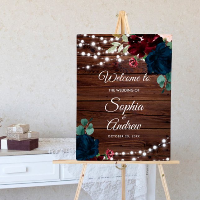 Marsala & Navy Flower Rustic Photo Wedding Welcome Foam Board (Creator Uploaded)