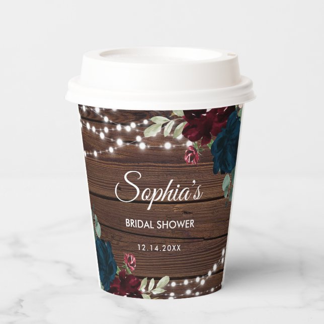 Marsala & Navy Flowers Rustic Bridal Shower  Paper Cups (Front)