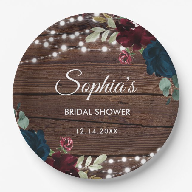 Marsala & Navy Flowers Rustic Bridal Shower  Paper Plates (Front)