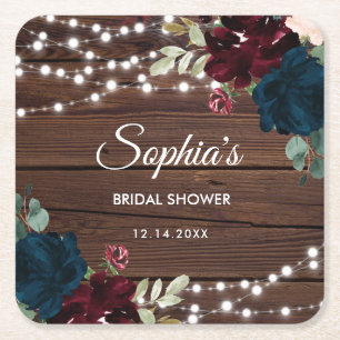 Marsala & Navy Flowers Rustic Bridal Shower Square Paper Coaster