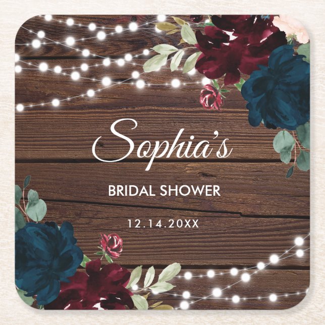 Marsala & Navy Flowers Rustic Bridal Shower Square Paper Coaster (Front)