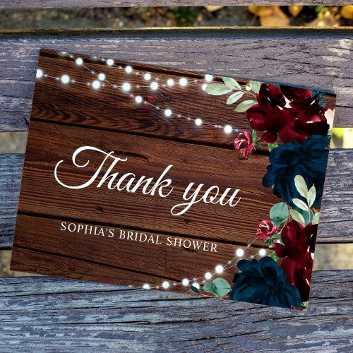 Marsala  Navy Flowers Rustic Bridal Shower  Thank You Card