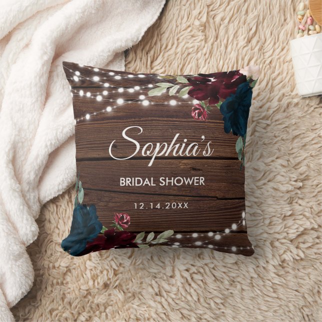 Marsala & Navy Flowers Rustic Bridal Shower  Throw Pillow (Blanket)