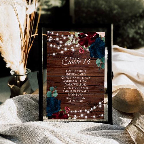 Marsala  Navy Flowers Rustic Seating Chart Cards