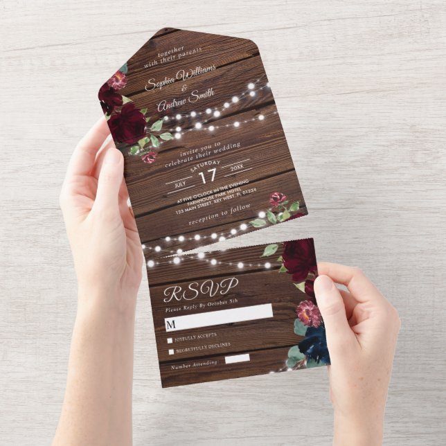 Marsala & Navy Flowers Rustic Wedding  All In One  All In One Invitation (Tearaway)