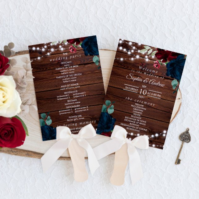 Marsala & Navy Flowers Rustic Wedding Program Hand Fan (Creator Uploaded)