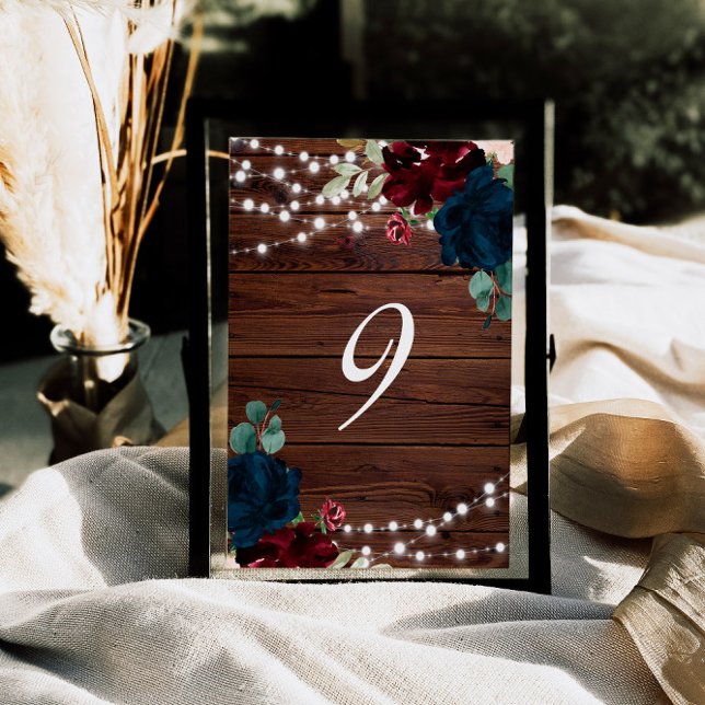 Marsala & Navy Flowers Rustic Wood 9 Table Numbers (Creator Uploaded)