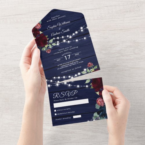 Marsala  Navy Flowers Rustic Wood  All In One Inv All In One Invitation