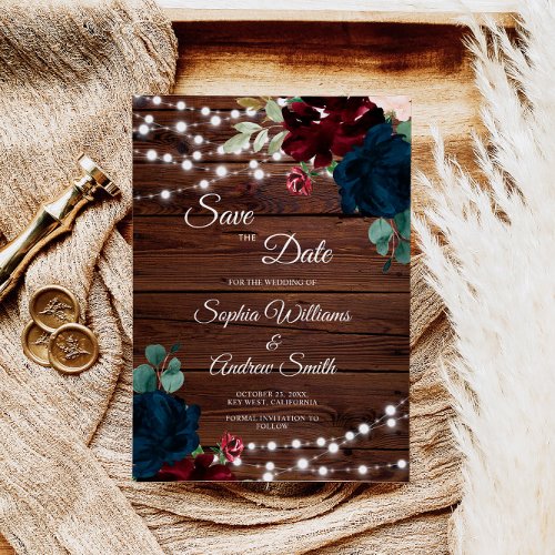 Marsala  Navy Flowers Rustic Wood Save The Date