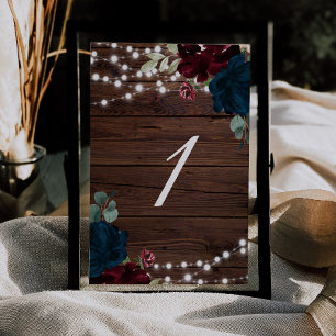 Marsala & Navy Flowers Rustic Wood Table 1 Wedding Number