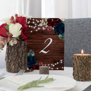 Marsala & Navy Flowers Rustic Wood Table 2 Wedding Number