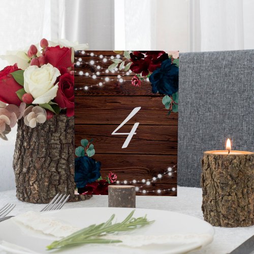 Marsala  Navy Flowers Rustic Wood Table 4 Wedding Table Number