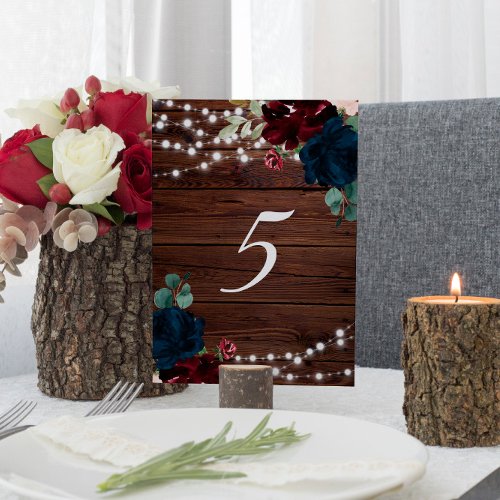 Marsala  Navy Flowers Rustic Wood Table 5 Wedding Table Number