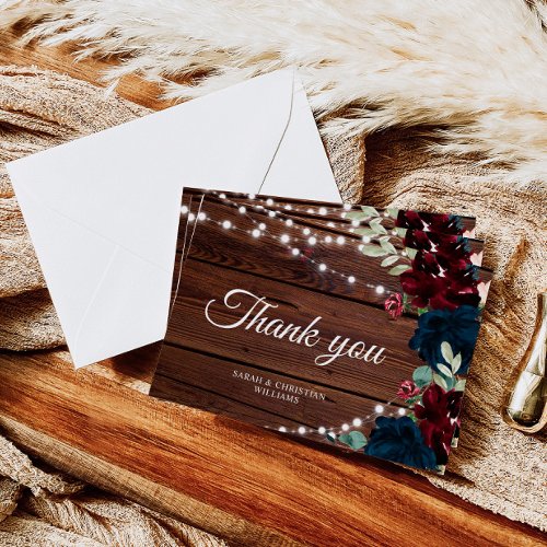 Marsala  Navy Flowers Rustic Wood Thank You Card