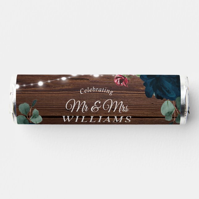 Marsala & Navy Flowers Rustic Wood Wedding Breath Savers® Mints (Front)