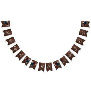 Marsala & Navy Flowers Rustic Wood Wedding Bunting Flags