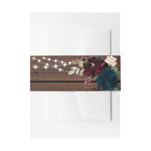 Marsala & Navy Flowers Rustic Wood Wedding  Invitation Belly Band