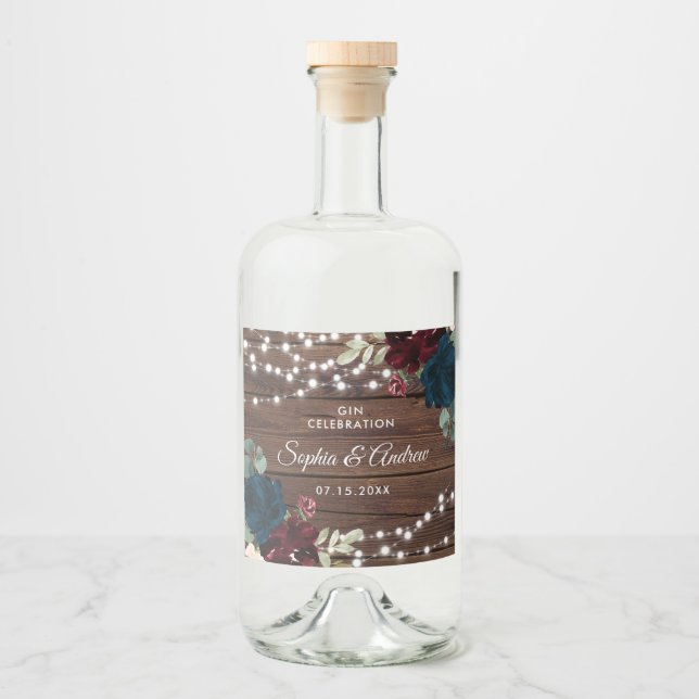 Marsala & Navy Flowers Rustic Wood Wedding Liquor Bottle Label (Front)
