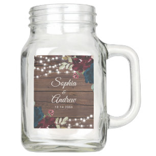 Marsala & Navy Flowers Rustic Wood Wedding Mason Jar