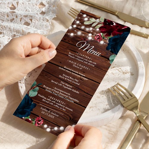 Marsala  Navy Flowers Rustic Wood Wedding Menu