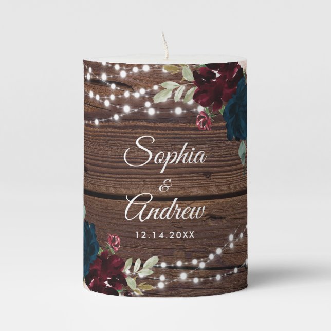 Marsala & Navy Flowers Rustic Wood Wedding Pillar Candle (Front)