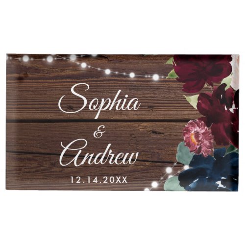 Marsala  Navy Flowers Rustic Wood Wedding Place Card Holder