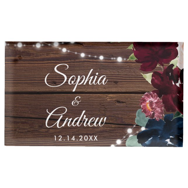 Marsala & Navy Flowers Rustic Wood Wedding Place Card Holder (Front)