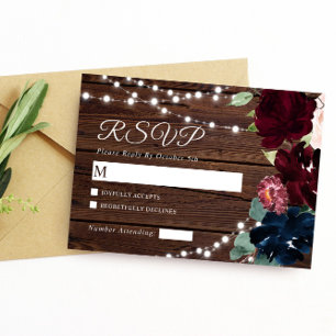 Marsala & Navy Flowers Rustic Wood Wedding RSVP Card