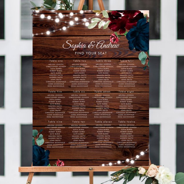 Marsala & Navy Flowers Rustic Wood Wedding Seating Foam Board (Creator Uploaded)