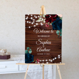 Marsala &amp; Navy Flowers Rustic Wood Wedding Welcome Foam Board