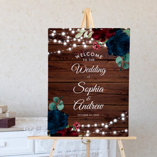 Marsala & Navy Flowers Rustic Wood Wedding Welcome Poster (Creator Uploaded)