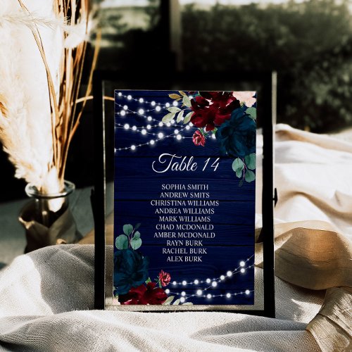 Marsala  Navy Flowers Wood Seating Chart Cards