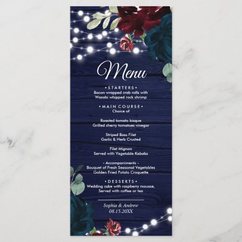 Marsala  Navy Flowers Wood Wedding Menu