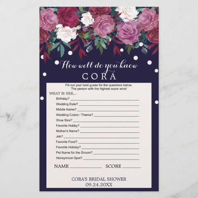 Marsala & Navy How Well Do You Know The Bride Game (Front)