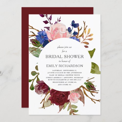 Marsala Navy Pink Floral Circle Bridal Shower Invitation