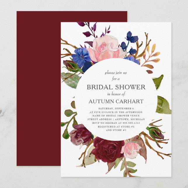 Marsala Navy Pink Floral Circle Bridal Shower Invitation (Front/Back)