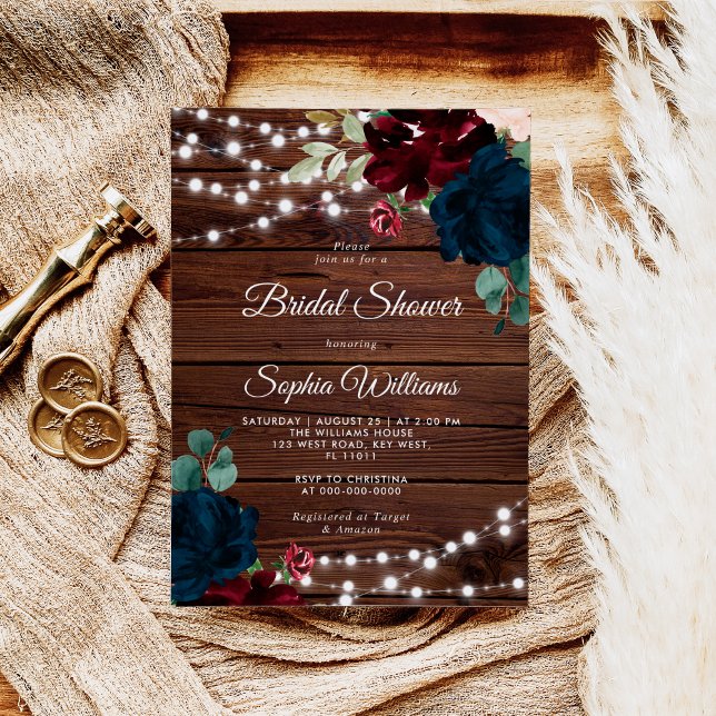 Marsala & Navy Rustic Wood Bridal Shower Invitation (Creator Uploaded)