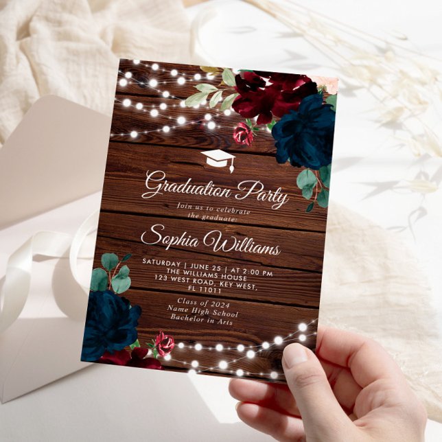 Marsala & Navy Rustic Wood Graduation Party Invitation (Creator Uploaded)