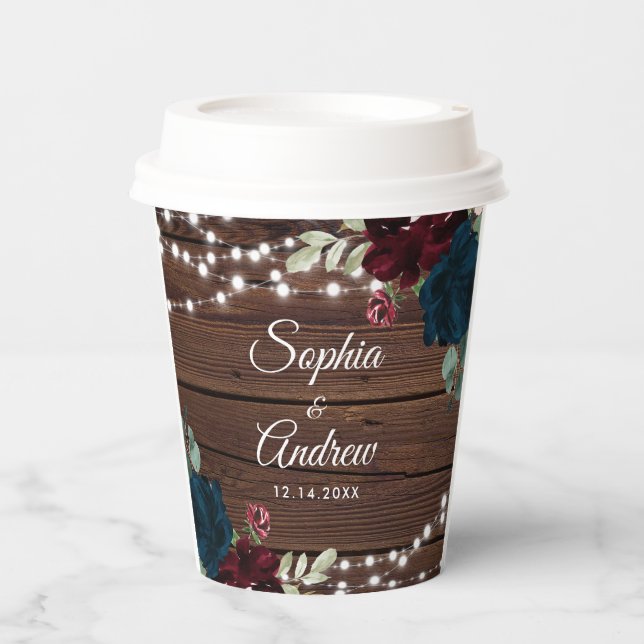 Marsala & Navy Rustic Wood Wedding Paper Cups (Front)