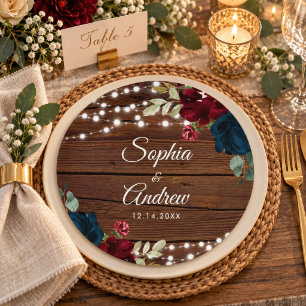 Marsala & Navy Rustic Wood Wedding Paper Plates