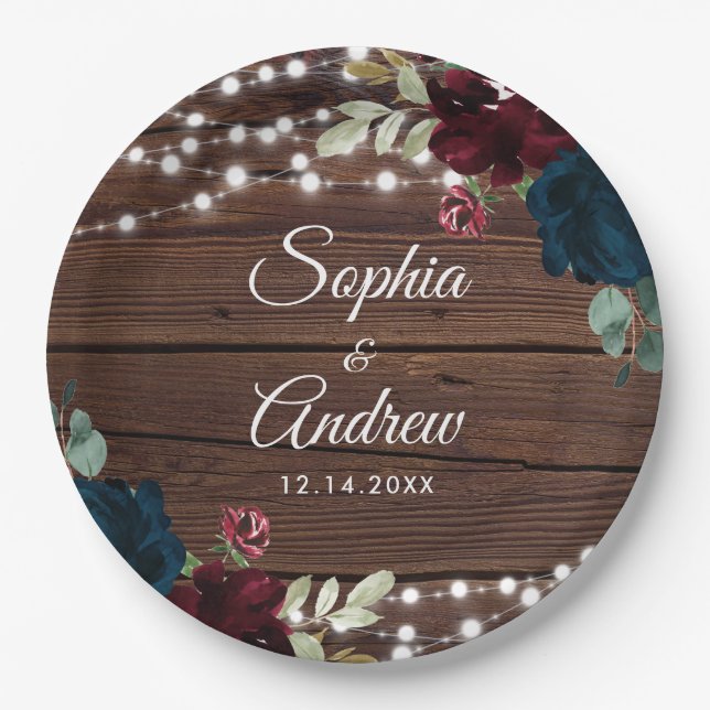 Marsala & Navy Rustic Wood Wedding Paper Plates (Front)