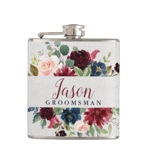 Marsala & Navy Wedding Day Groomsman Personalized Flask