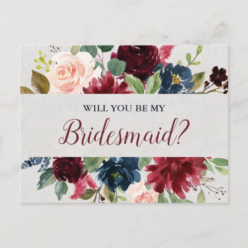 Marsala  Navy Wedding Floral Bridesmaid Proposal Postcard