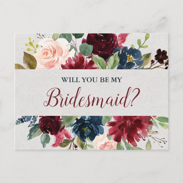 Marsala & Navy Wedding Floral Bridesmaid Proposal Postcard (Front)