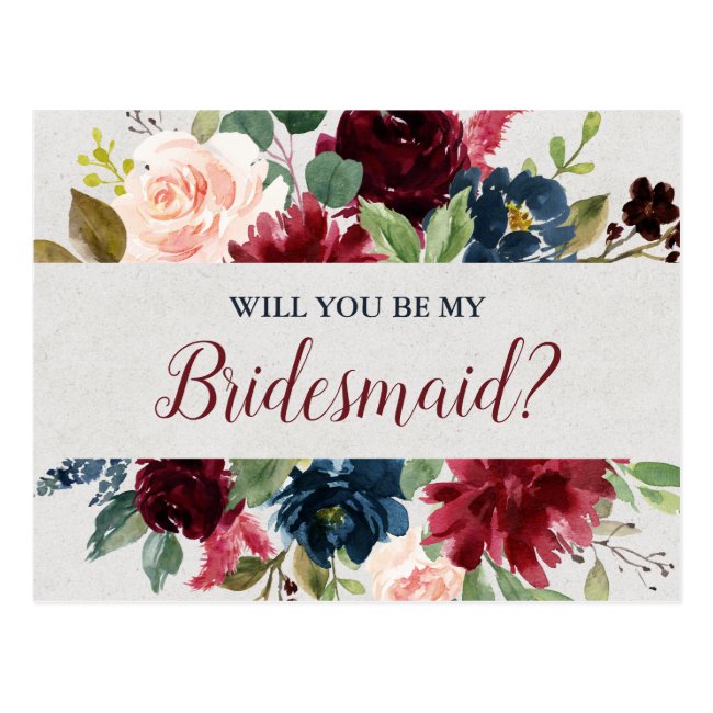 Marsala & Navy Wedding Floral Bridesmaid Proposal Postcard