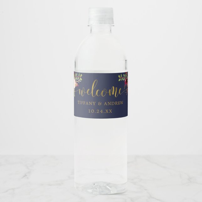 Marsala Navy Wedding Welcome Water Bottle Label (Front)