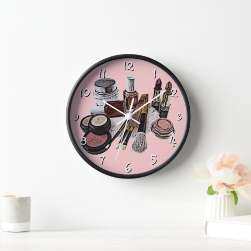 Marsala Pastel Pink Beauty Salon Makeup Products Wall Clock